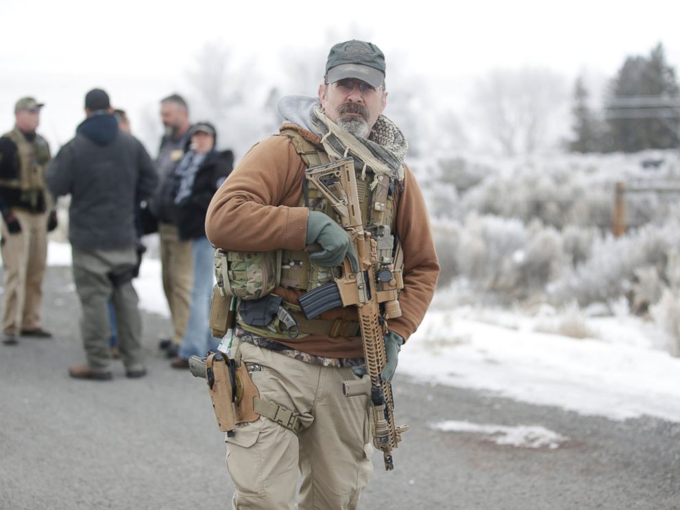 PHOTO: A man stands guard after members of the 3% of Idaho group along with several other organizations arrived at the Malheur National Wildlife Refuge near Burns, Ore., on Saturday, Jan. 9, 2016.