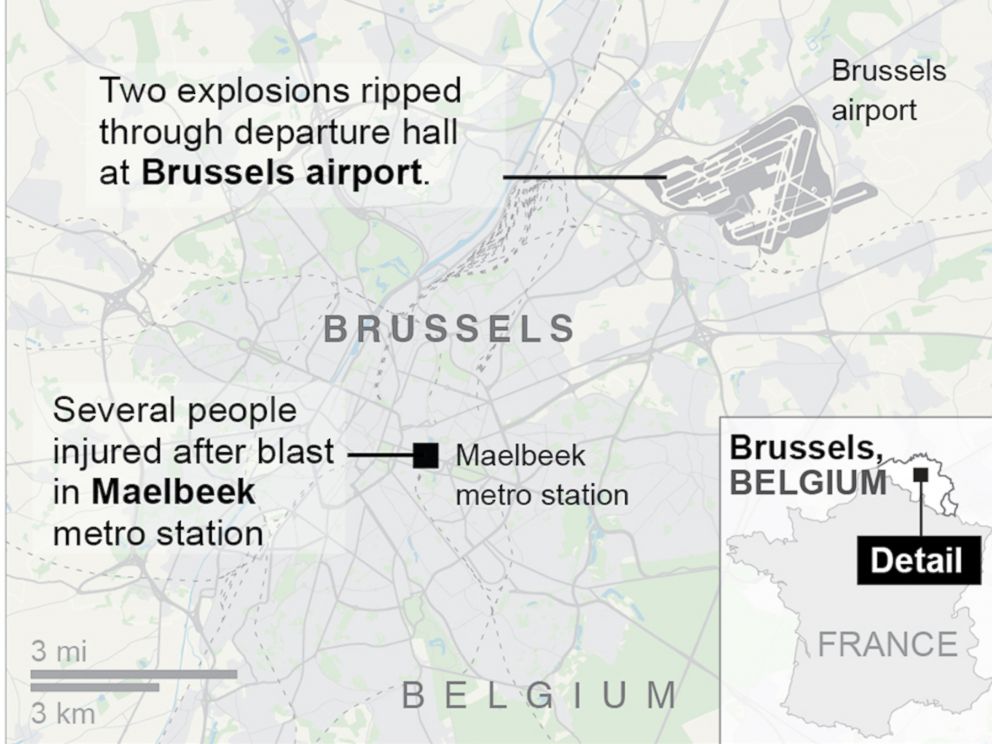 PHOTO: A map from the Associated Press shows the locations of the Brussels airport and Maelbeek metro station in Belgium.