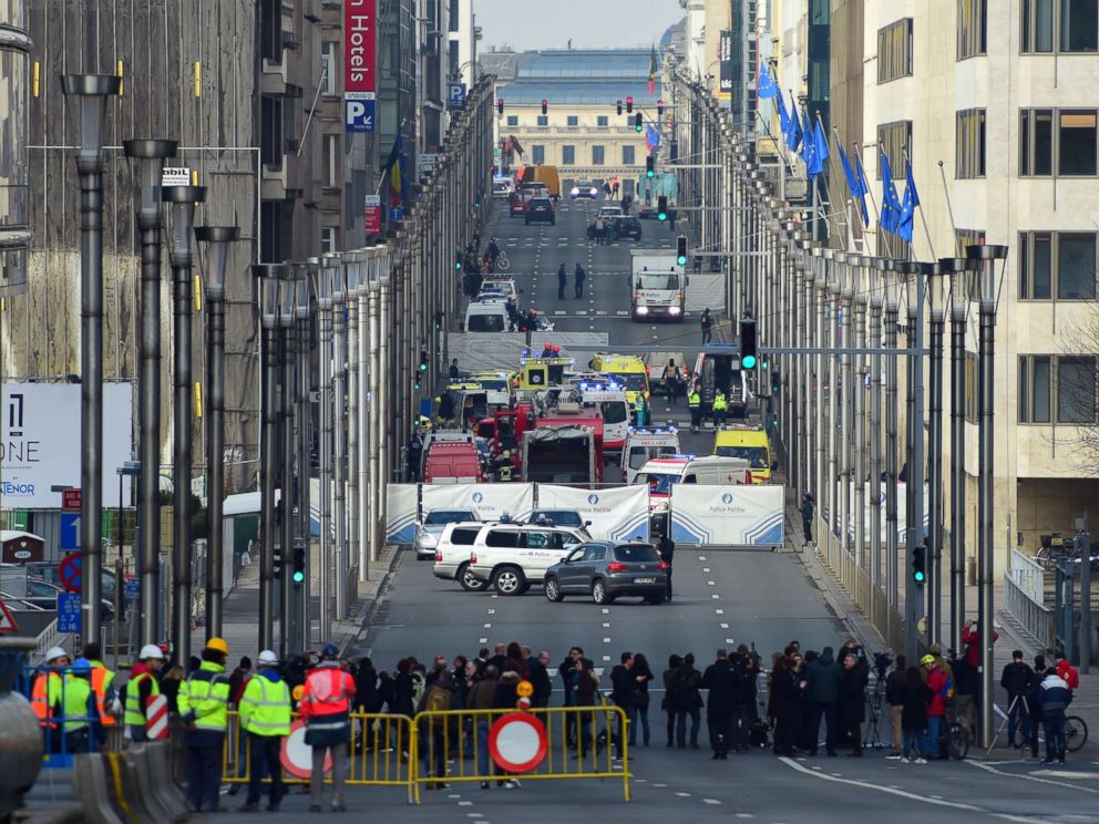 PHOTO: A security perimeter has been set, on March 22, 2016 near Maalbeek metro station in Brussels.